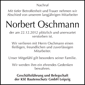 Traueranzeige von Norbert Oschmann von Mitteldeutsche Zeitung Mansfelder Land