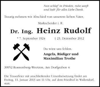 Traueranzeige von Heinz Rudolf von Mitteldeutsche Zeitung Merseburg/Querfurt