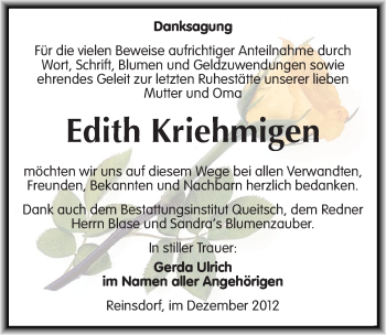 Traueranzeige von Edith Kriehmigen von Mitteldeutsche Zeitung Köthen