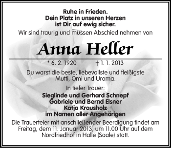 Traueranzeige von Anna Heller von Mitteldeutsche Zeitung Halle/Saalkreis