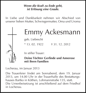 Traueranzeige von Emmy Ackesmann von Mitteldeutsche Zeitung Köthen