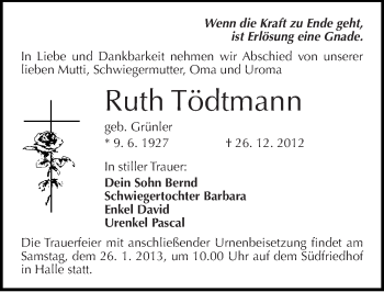 Traueranzeige von Ruth Tödtmann von Mitteldeutsche Zeitung Halle/Saalkreis