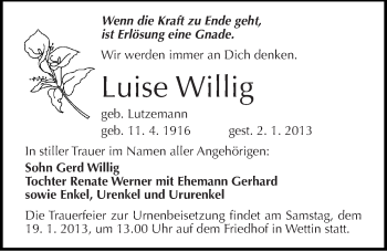 Traueranzeige von Luise Willig von Mitteldeutsche Zeitung Halle/Saalkreis