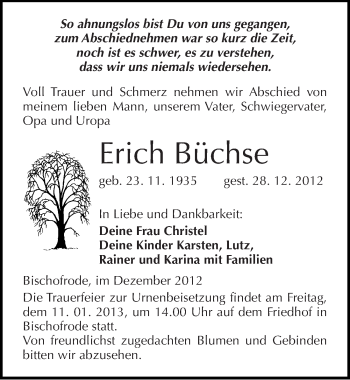 Traueranzeige von Erich Büchse von Mitteldeutsche Zeitung Mansfelder Land