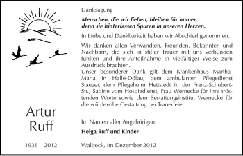Traueranzeige von Artur Ruff von Mitteldeutsche Zeitung Mansfelder Land