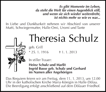 Traueranzeige von Theresia Schulz von Mitteldeutsche Zeitung Halle/Saalkreis