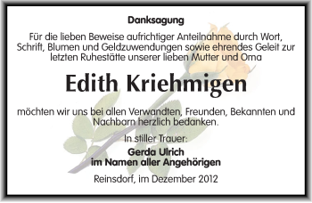 Traueranzeige von Edith Kriehmigen von Mitteldeutsche Zeitung Halle/Saalkreis