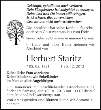 Traueranzeige von Herbert Staritz von Mitteldeutsche Zeitung Naumburg/Nebra