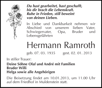 Traueranzeige von Hermann Ramroth von Mitteldeutsche Zeitung Bitterfeld