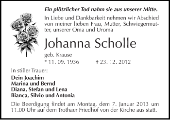 Traueranzeige von Johanna Scholle von Mitteldeutsche Zeitung Halle/Saalkreis