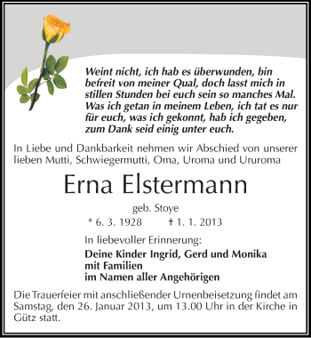 Traueranzeige von Erna Elstermann von Mitteldeutsche Zeitung Halle/Saalkreis