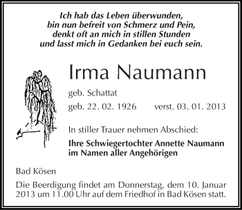 Traueranzeige von Irma Naumann von Mitteldeutsche Zeitung Naumburg/Nebra