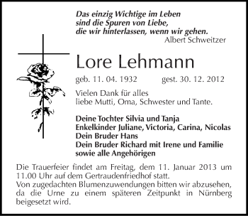 Traueranzeige von Lore Lehmann von Mitteldeutsche Zeitung Halle/Saalkreis