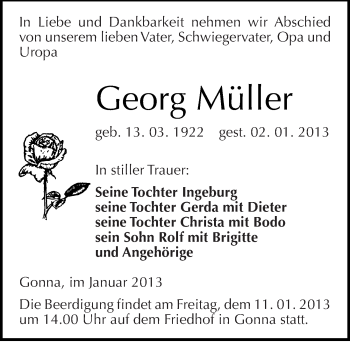 Traueranzeige von Georg Müller von Mitteldeutsche Zeitung Sangerhausen