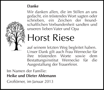 Traueranzeige von Horst Riese von Mitteldeutsche Zeitung Mansfelder Land