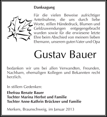 Traueranzeige von Gustav Bauer von Mitteldeutsche Zeitung Mansfelder Land