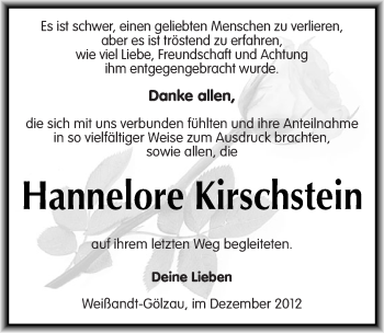 Traueranzeige von Hannelore Kirschstein von Mitteldeutsche Zeitung Köthen