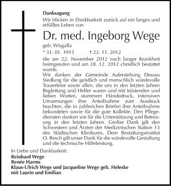 Traueranzeige von Ingeborg Wege von Mitteldeutsche Zeitung Dessau-Roßlau