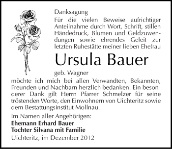 Traueranzeige von Ursula Bauer von Mitteldeutsche Zeitung Weißenfels