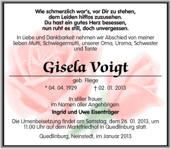 Traueranzeige von Gisela Voigt von Mitteldeutsche Zeitung Quedlinburg