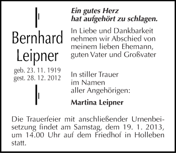 Traueranzeige von Bernhard Leipner von Mitteldeutsche Zeitung Halle/Saalkreis