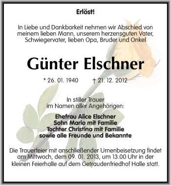 Traueranzeige von Günter Elschner von Mitteldeutsche Zeitung Halle/Saalkreis