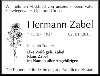 Traueranzeige von Hermann Zabel von Mitteldeutsche Zeitung Halle/Saalkreis