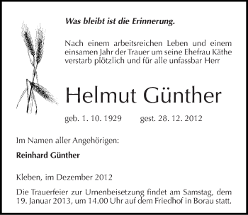 Traueranzeige von Helmut Günther von Mitteldeutsche Zeitung Weißenfels