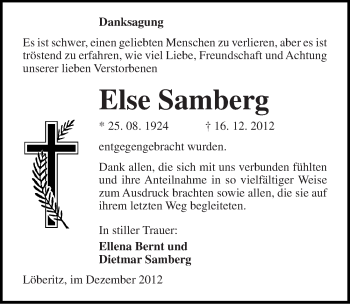Traueranzeige von Else Samberg von Mitteldeutsche Zeitung Bitterfeld