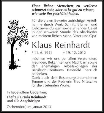 Traueranzeige von Klaus Reinhardt von Mitteldeutsche Zeitung Bitterfeld