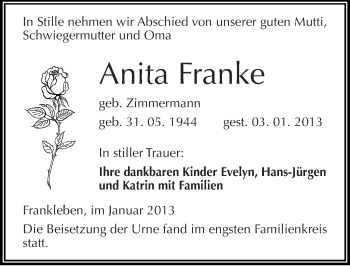 Traueranzeige von Anita Franke von Mitteldeutsche Zeitung Merseburg/Querfurt