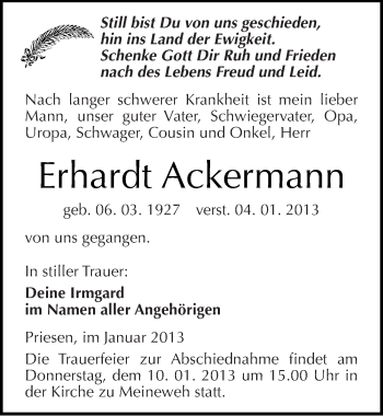 Traueranzeige von Erhardt Ackermann von Mitteldeutsche Zeitung Weißenfels