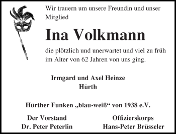 Traueranzeige von Ina Volkmann von Mitteldeutsche Zeitung Sangerhausen