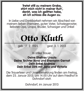 Traueranzeige von Otto Kluth von Mitteldeutsche Zeitung Köthen