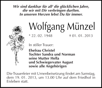 Traueranzeige von Wolfgang Münzel von Mitteldeutsche Zeitung Mansfelder Land