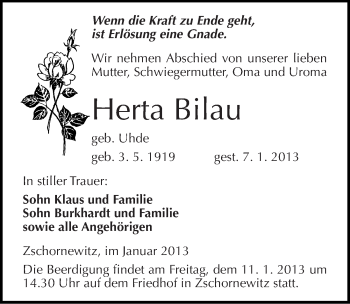 Traueranzeige von Herta Bilau von Mitteldeutsche Zeitung Wittenberg