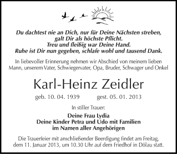 Traueranzeige von Karl-Heinz Zeidler von Mitteldeutsche Zeitung Halle/Saalkreis