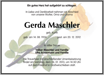 Traueranzeige von Gerda Maschler von Mitteldeutsche Zeitung Bernburg