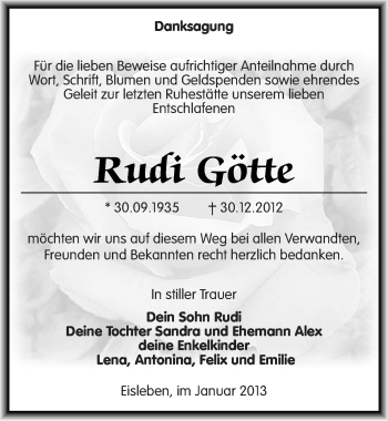 Traueranzeige von Rudi Götte von Mitteldeutsche Zeitung Mansfelder Land