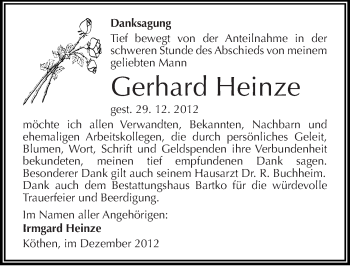 Traueranzeige von Gerhard Heinze von Mitteldeutsche Zeitung Köthen