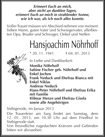 Traueranzeige von Hansjoachim Nöhrhoff von Mitteldeutsche Zeitung Bernburg