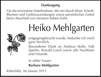 Traueranzeige von Heiko Mehlgarten von Mitteldeutsche Zeitung Merseburg/Querfurt