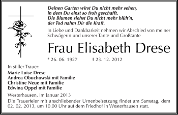 Traueranzeige von Elisabeth Drese von Mitteldeutsche Zeitung Quedlinburg