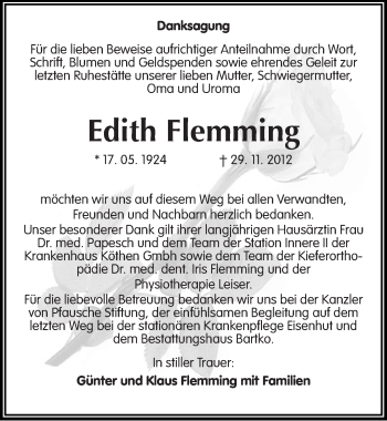 Traueranzeige von Edith Flemming von Mitteldeutsche Zeitung Köthen