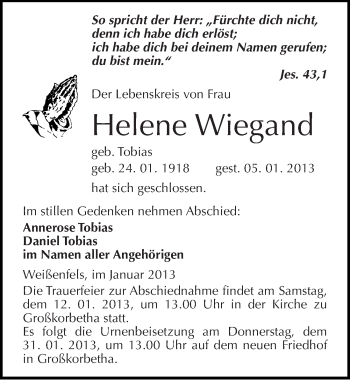 Traueranzeige von Helene Wiegand von Mitteldeutsche Zeitung Weißenfels
