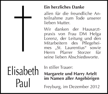 Traueranzeige von Elisabeth Paul von Mitteldeutsche Zeitung Naumburg/Nebra