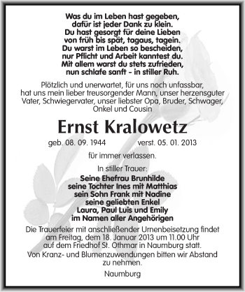 Traueranzeige von Ernst Kralowetz von Mitteldeutsche Zeitung Naumburg/Nebra