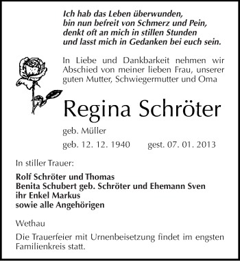 Traueranzeige von Regina Schröter von Mitteldeutsche Zeitung Naumburg/Nebra
