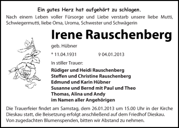 Traueranzeige von Irene Rauschenberg von Mitteldeutsche Zeitung Halle/Saalkreis