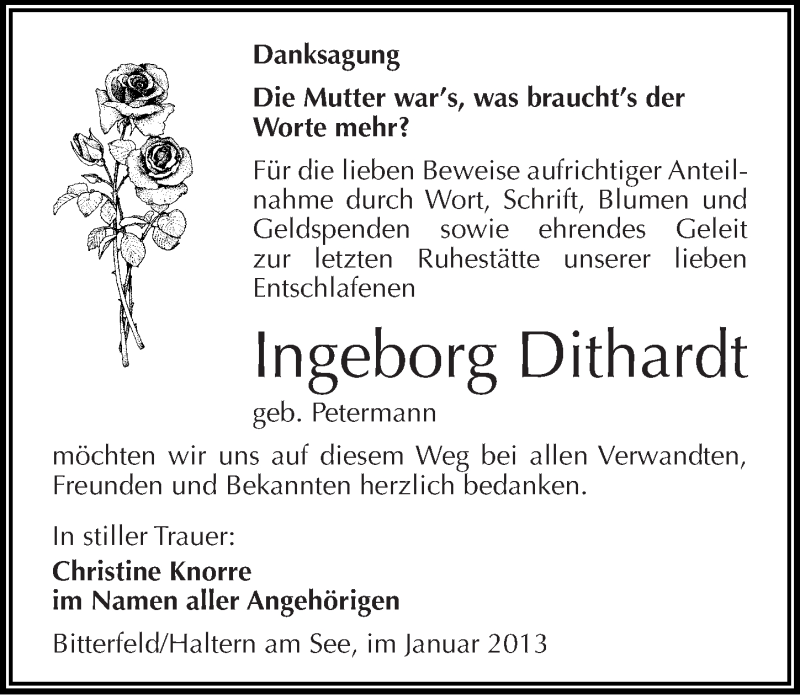  Traueranzeige für Ingeborg Dithardt vom 11.01.2013 aus Mitteldeutsche Zeitung Bitterfeld